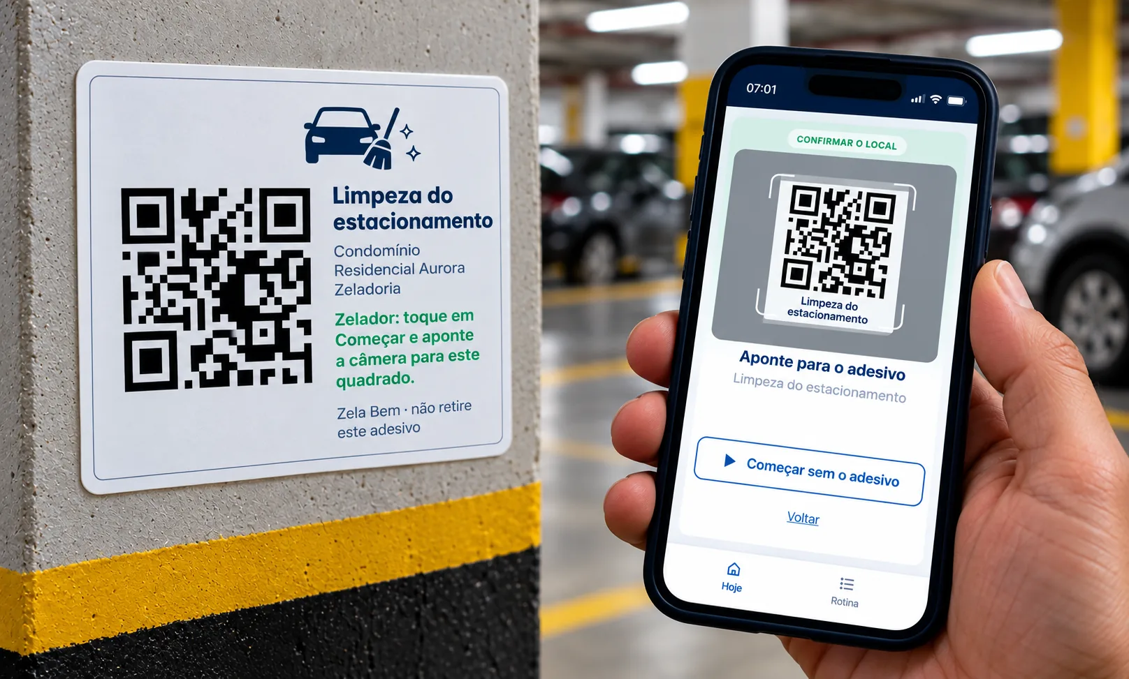 Imagem ilustrativa: adesivo com QR Code da tarefa Limpeza do estacionamento colado no pilar da garagem e, na mão do zelador, o celular na tela Confirmar o local, apontado para o adesivo