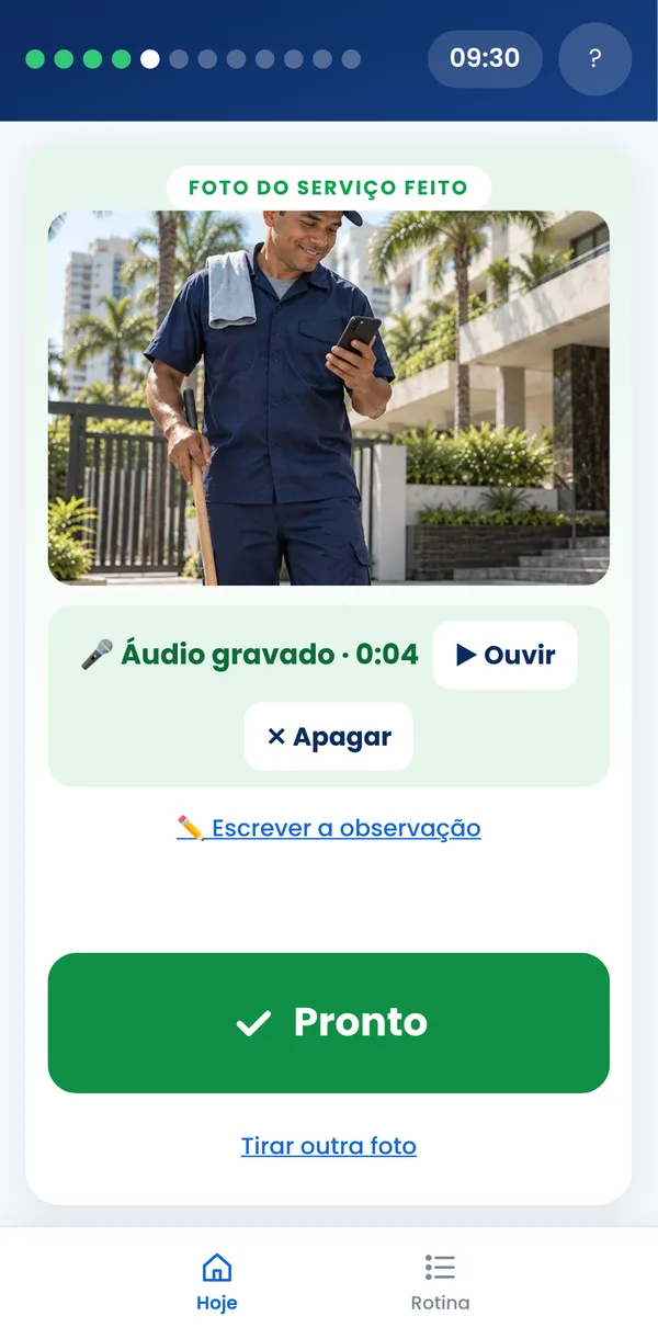 Tela da foto do serviço feito com o áudio de observação gravado e o botão Pronto