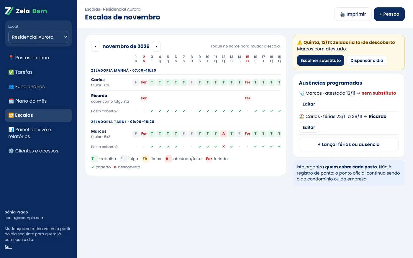 Escala do mês com folgas, férias, folguista e aviso de posto descoberto